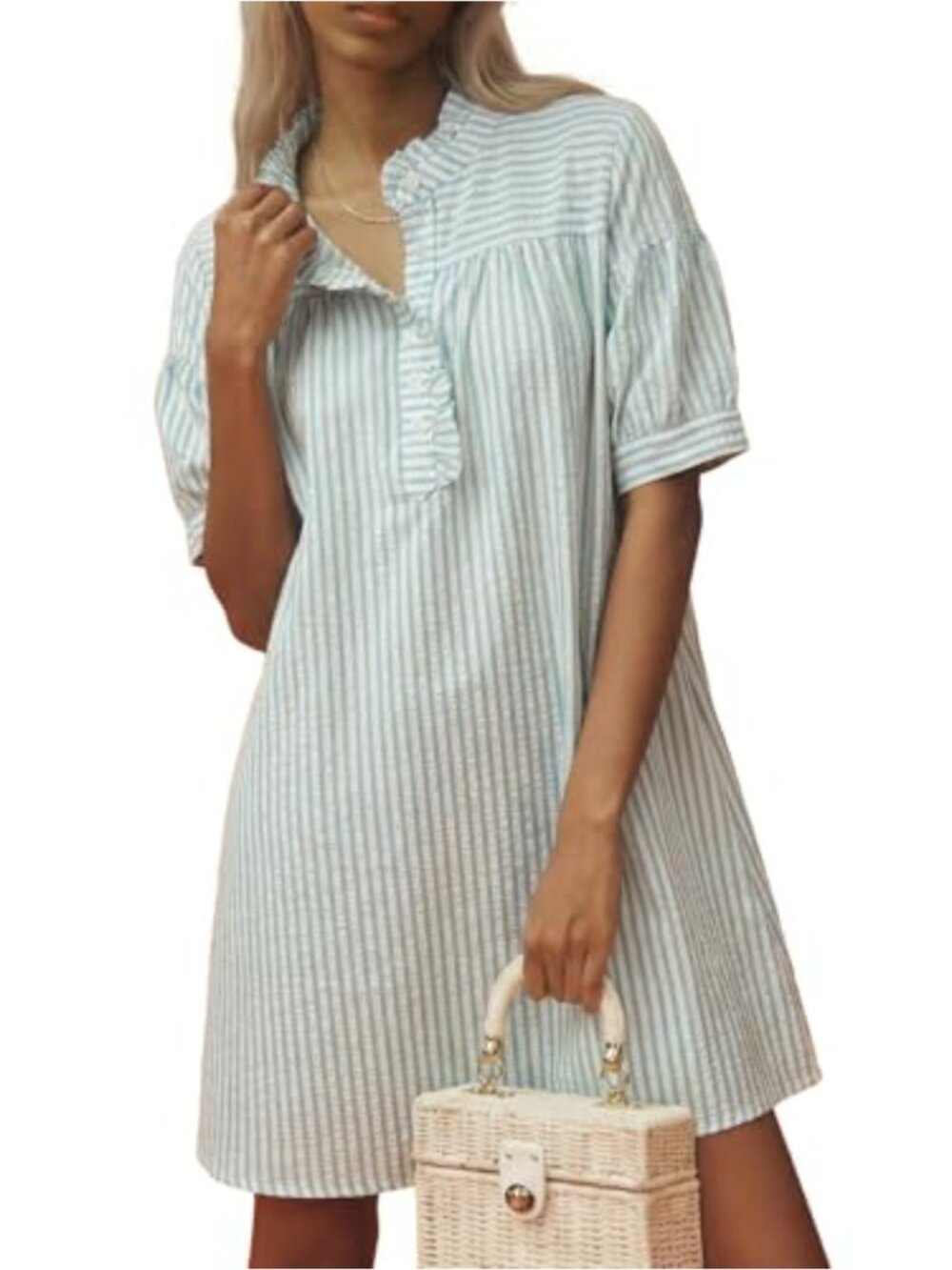Women's Striped Button Down Shirt Dress with Pockets Puff Sleeve